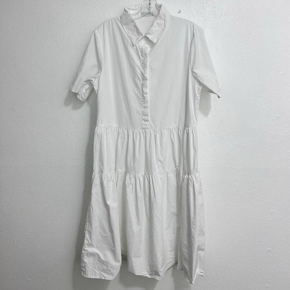 Q2 White Tiered Dress Button Front 100% Cotton Size M Short Sleeve‎ Lightweight